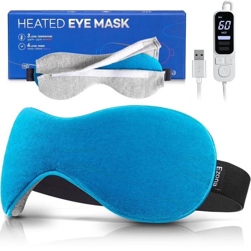 Ezona Heated Eye Mask Warm Eye Compress Mask for Dry Eyes USB Electric Eye Heating Pad with Temperature Timer Control Dry Eyes Blepharitis Sinus Migraine Blue